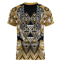 Aotearoa Waikato Tainui Women V-Neck T-Shirt Maori Light Gold Tribal Paua Shell Pattern DT05 - Polynesian Pride
