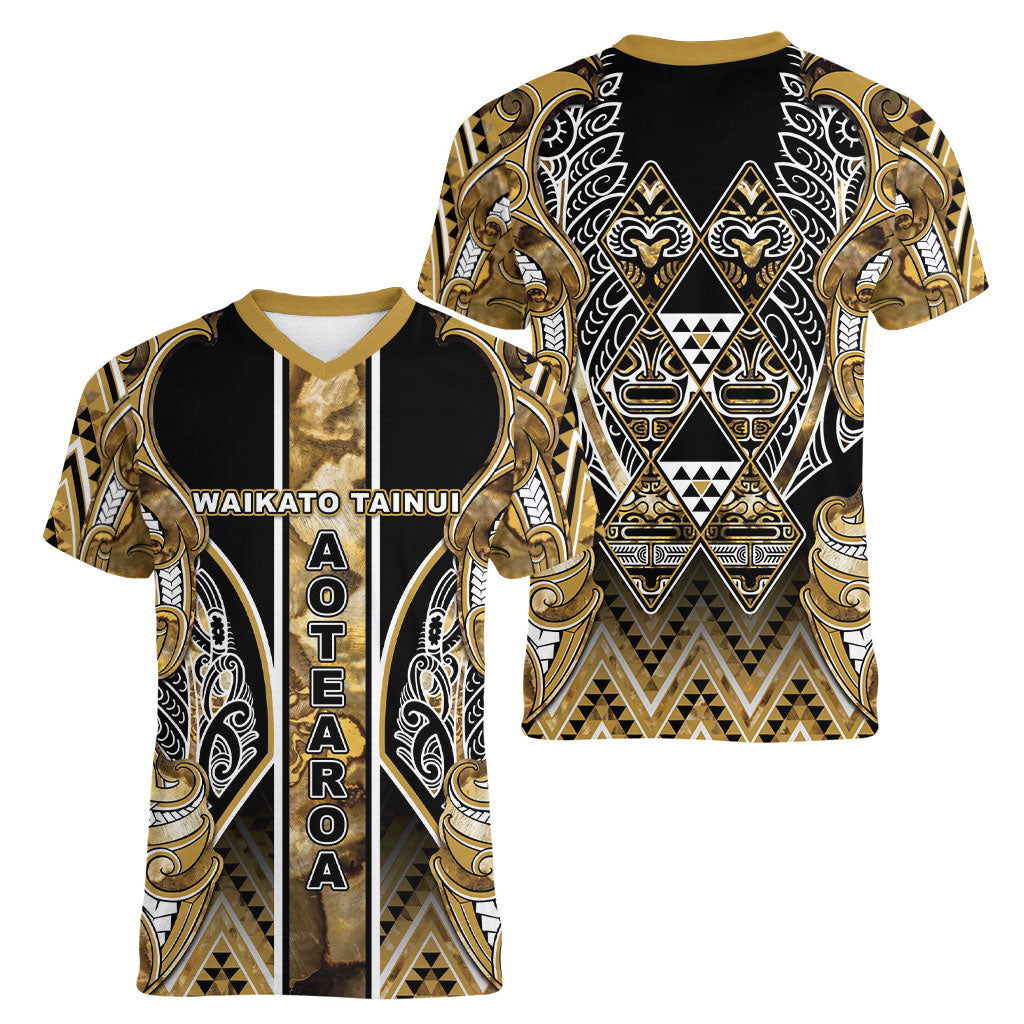 Aotearoa Waikato Tainui Women V-Neck T-Shirt Maori Light Gold Tribal Paua Shell Pattern DT05 - Polynesian Pride