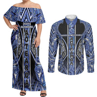 Aotearoa Ngati Kahungunu Couples Matching Off Shoulder Maxi Dress and Long Sleeve Button Shirt Maori Tribal Blue Paua Shell Pattern DT05 Blue - Polynesian Pride