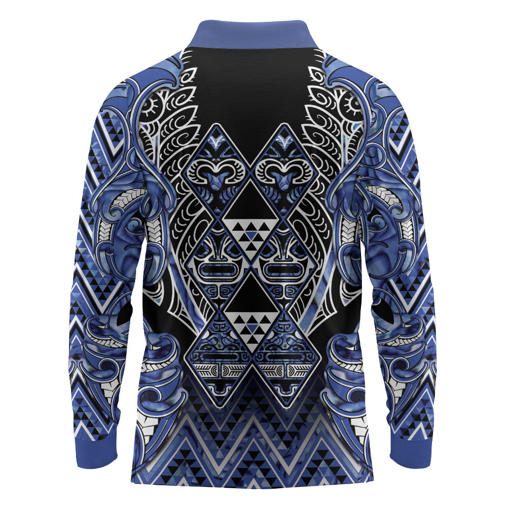 Aotearoa Ngati Kahungunu Long Sleeve Polo Shirt Maori Tribal Blue Paua Shell Pattern DT05 - Polynesian Pride