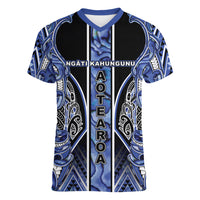 Aotearoa Ngati Kahungunu Women V-Neck T-Shirt Maori Tribal Blue Paua Shell Pattern DT05 Female Blue - Polynesian Pride