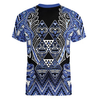 Aotearoa Ngati Kahungunu Women V-Neck T-Shirt Maori Tribal Blue Paua Shell Pattern DT05 - Polynesian Pride