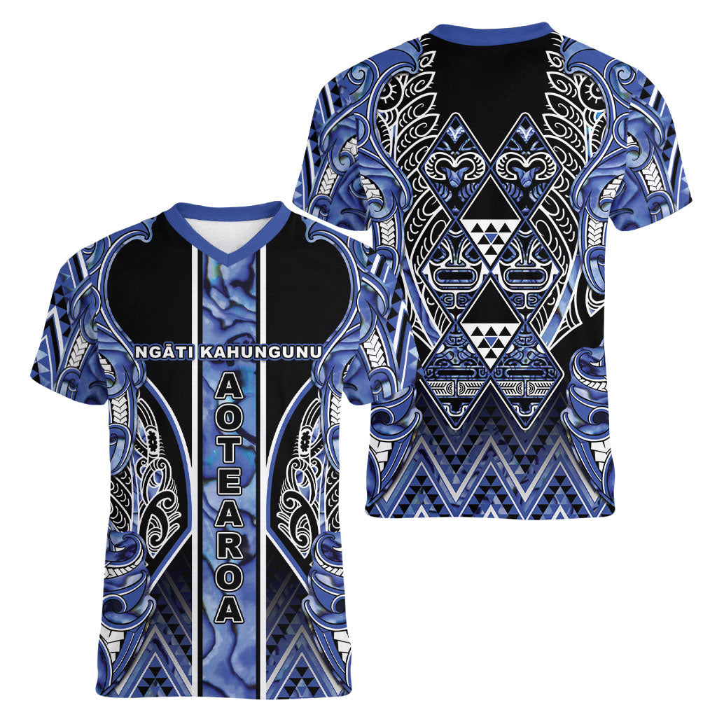 Aotearoa Ngati Kahungunu Women V-Neck T-Shirt Maori Tribal Blue Paua Shell Pattern DT05 - Polynesian Pride