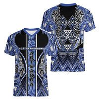 Aotearoa Ngati Kahungunu Women V-Neck T-Shirt Maori Tribal Blue Paua Shell Pattern DT05 - Polynesian Pride