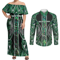 Aotearoa Ngai Tahu Couples Matching Off Shoulder Maxi Dress and Long Sleeve Button Shirt Maori Tribal Dark Green Paua Shell Pattern DT05 Green - Polynesian Pride