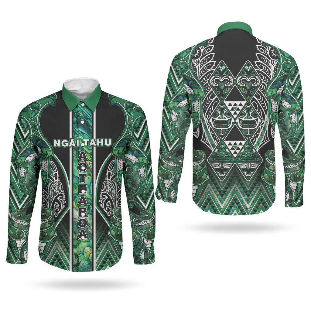 Aotearoa Ngai Tahu Couples Matching Off Shoulder Short Dress and Long Sleeve Button Shirt Maori Tribal Dark Green Paua Shell Pattern DT05 - Polynesian Pride
