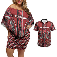 Aotearoa Te Arawa Couples Matching Off Shoulder Short Dress and Hawaiian Shirt Maori Tribal Dark Red Paua Shell Pattern DT05 Red - Polynesian Pride