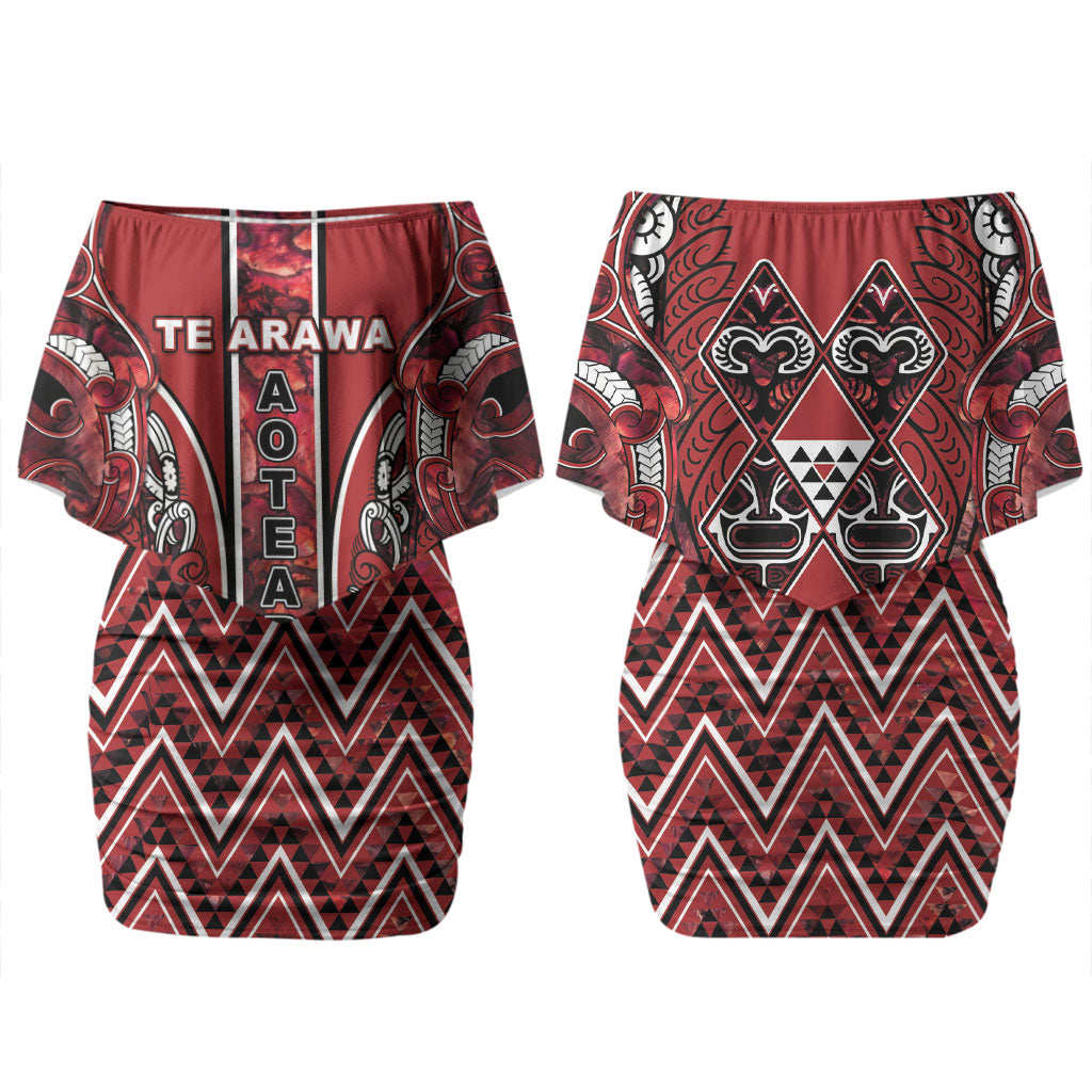 Aotearoa Te Arawa Couples Matching Off Shoulder Short Dress and Hawaiian Shirt Maori Tribal Dark Red Paua Shell Pattern DT05 - Polynesian Pride