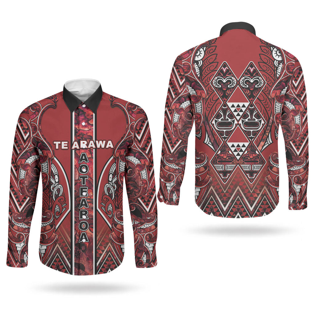Aotearoa Te Arawa Couples Matching Off The Shoulder Long Sleeve Dress and Long Sleeve Button Shirt Maori Tribal Dark Red Paua Shell Pattern DT05 - Polynesian Pride