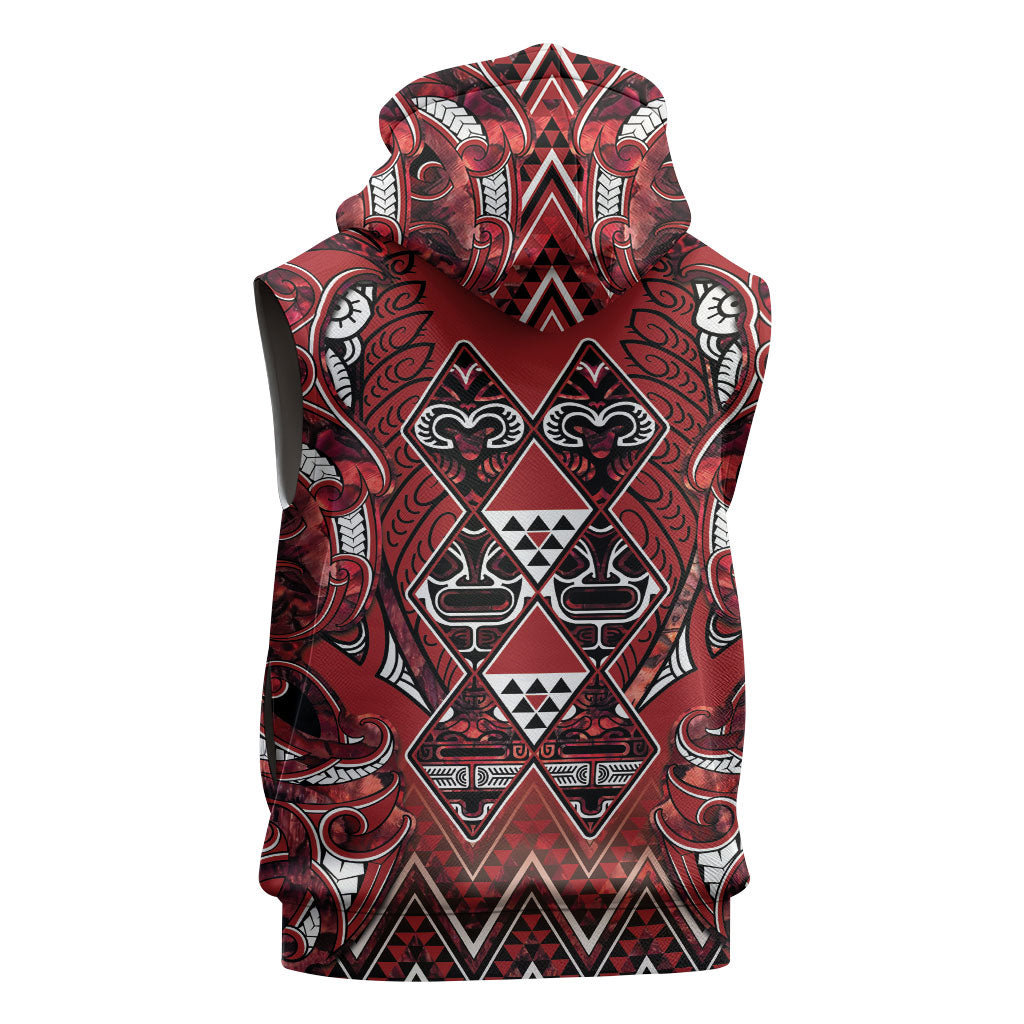 Aotearoa Te Arawa Sleeveless Hoodie Maori Tribal Dark Red Paua Shell Pattern DT05 - Polynesian Pride