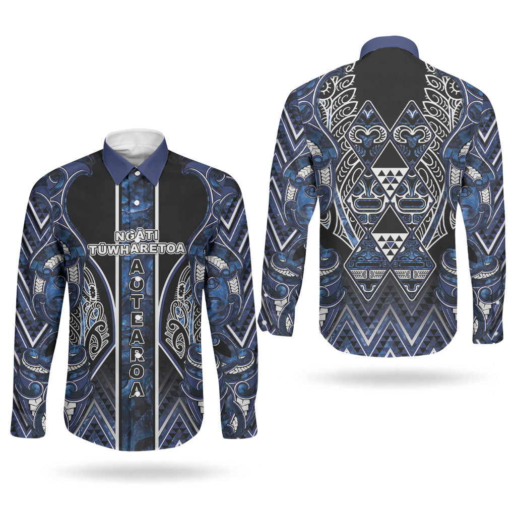 Aotearoa Tuwharetoa Couples Matching Mermaid Dress and Long Sleeve Button Shirt Maori Tribal Navy Paua Shell Pattern DT05 - Polynesian Pride