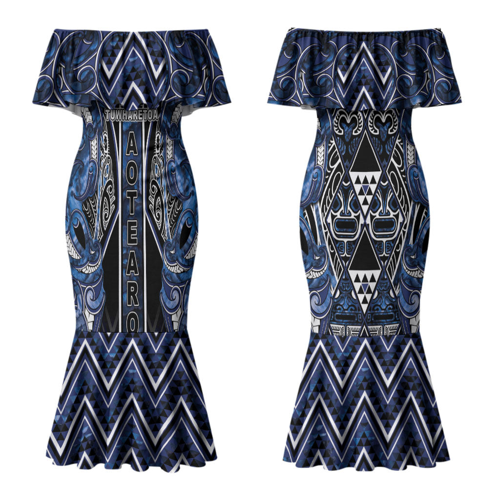 Aotearoa Tuwharetoa Couples Matching Mermaid Dress and Long Sleeve Button Shirt Maori Tribal Navy Paua Shell Pattern DT05 - Polynesian Pride