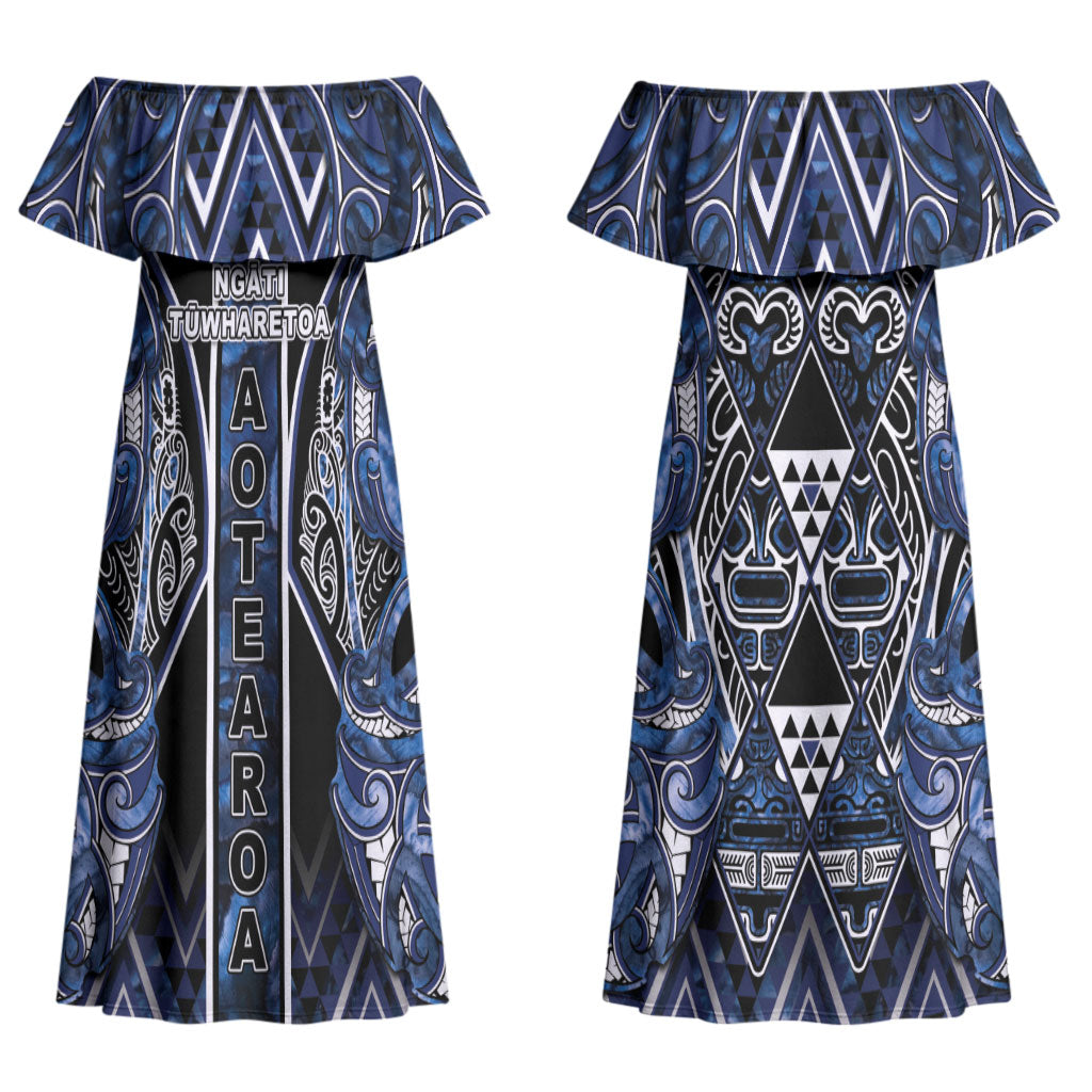 Aotearoa Tuwharetoa Couples Matching Off Shoulder Maxi Dress and Hawaiian Shirt Maori Tribal Navy Paua Shell Pattern DT05 - Polynesian Pride