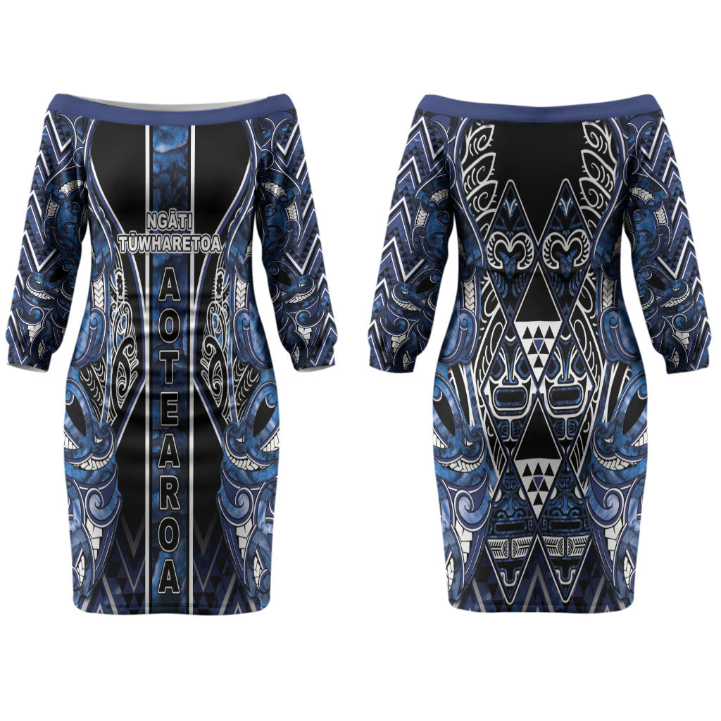 Aotearoa Tuwharetoa Couples Matching Off The Shoulder Long Sleeve Dress and Long Sleeve Button Shirt Maori Tribal Navy Paua Shell Pattern DT05 - Polynesian Pride