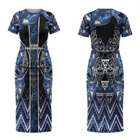 Aotearoa Tuwharetoa Couples Matching Short Sleeve Bodycon Dress and Long Sleeve Button Shirt Maori Tribal Navy Paua Shell Pattern DT05 - Polynesian Pride