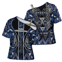 Aotearoa Tuwharetoa Cross Shoulder Shirt Maori Tribal Navy Paua Shell Pattern DT05 - Polynesian Pride