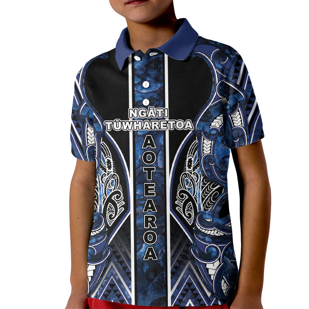 Aotearoa Tuwharetoa Kid Polo Shirt Maori Tribal Navy Paua Shell Pattern DT05 Kid Navy - Polynesian Pride