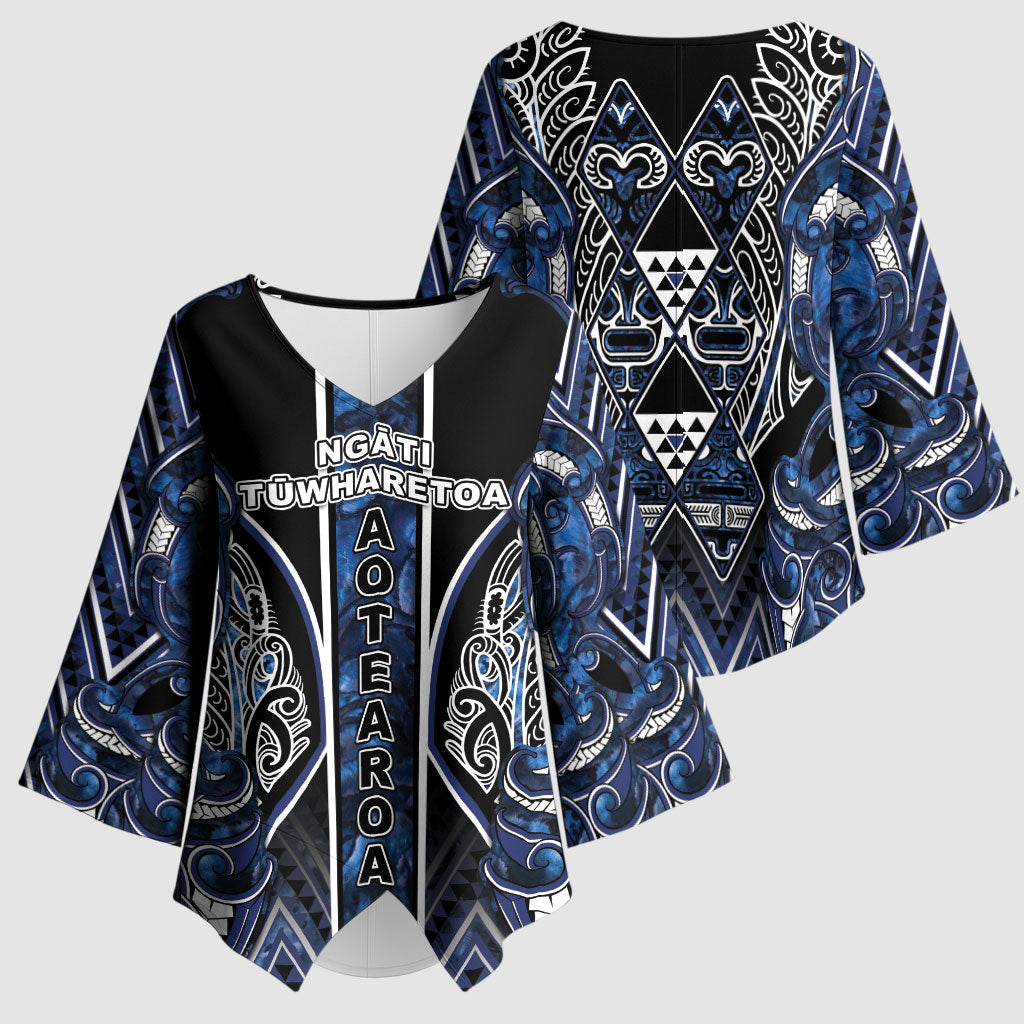 Aotearoa Tuwharetoa Kimono Sleeve Blouse Maori Tribal Navy Paua Shell Pattern DT05 - Polynesian Pride