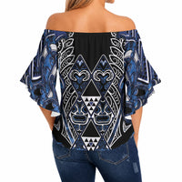 Aotearoa Tuwharetoa Off Shoulder Wrap Waist Top Maori Tribal Navy Paua Shell Pattern DT05 - Polynesian Pride