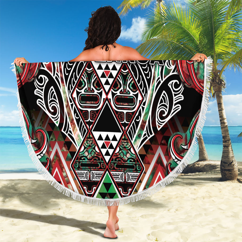 Aotearoa Ngai Tuhoe Beach Blanket Maori Tribal Red And Green Paua Shell Pattern DT05 - Polynesian Pride