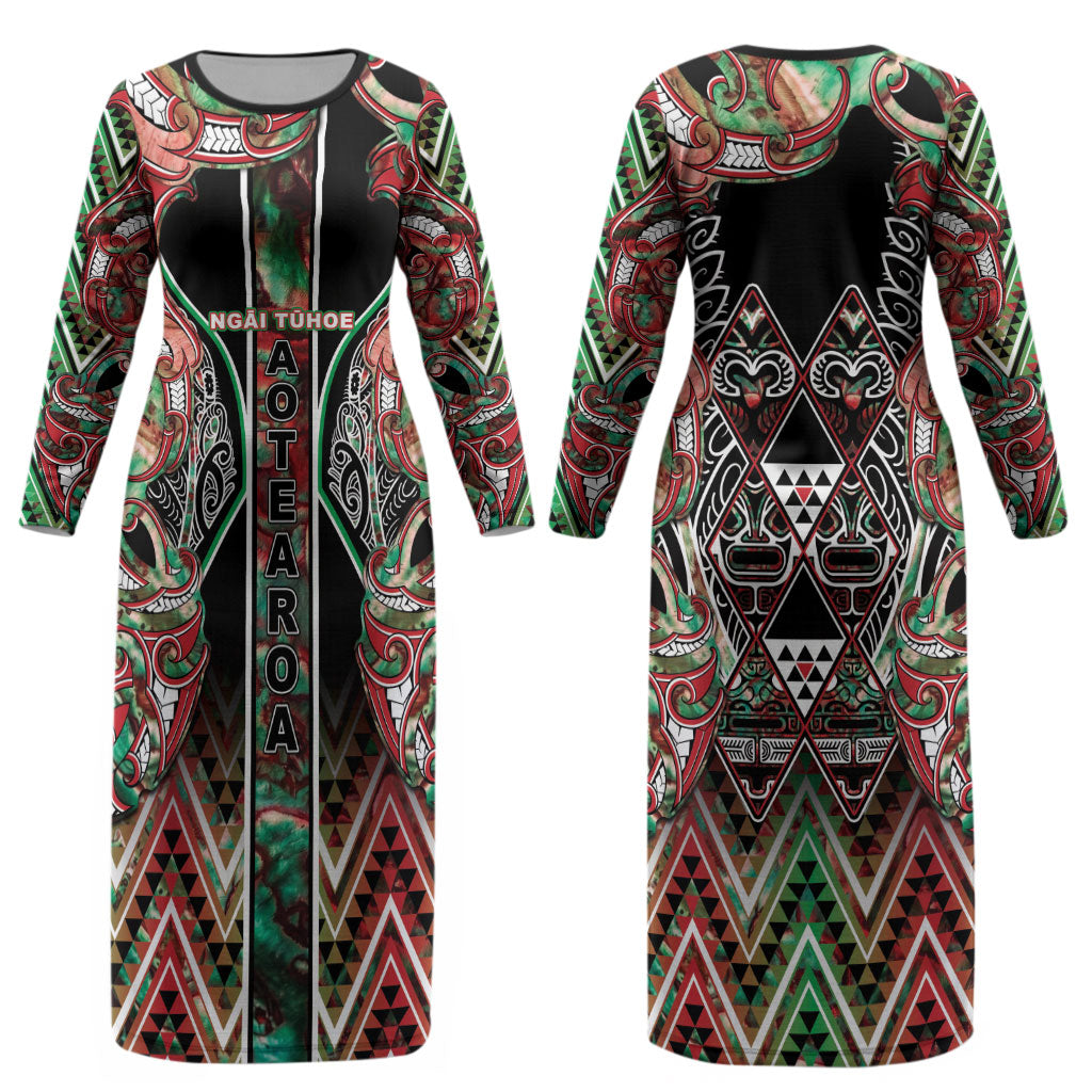 Aotearoa Ngai Tuhoe Couples Matching Long Sleeve Bodycon Dress and Long Sleeve Button Shirt Maori Tribal Red And Green Paua Shell Pattern DT05 - Polynesian Pride