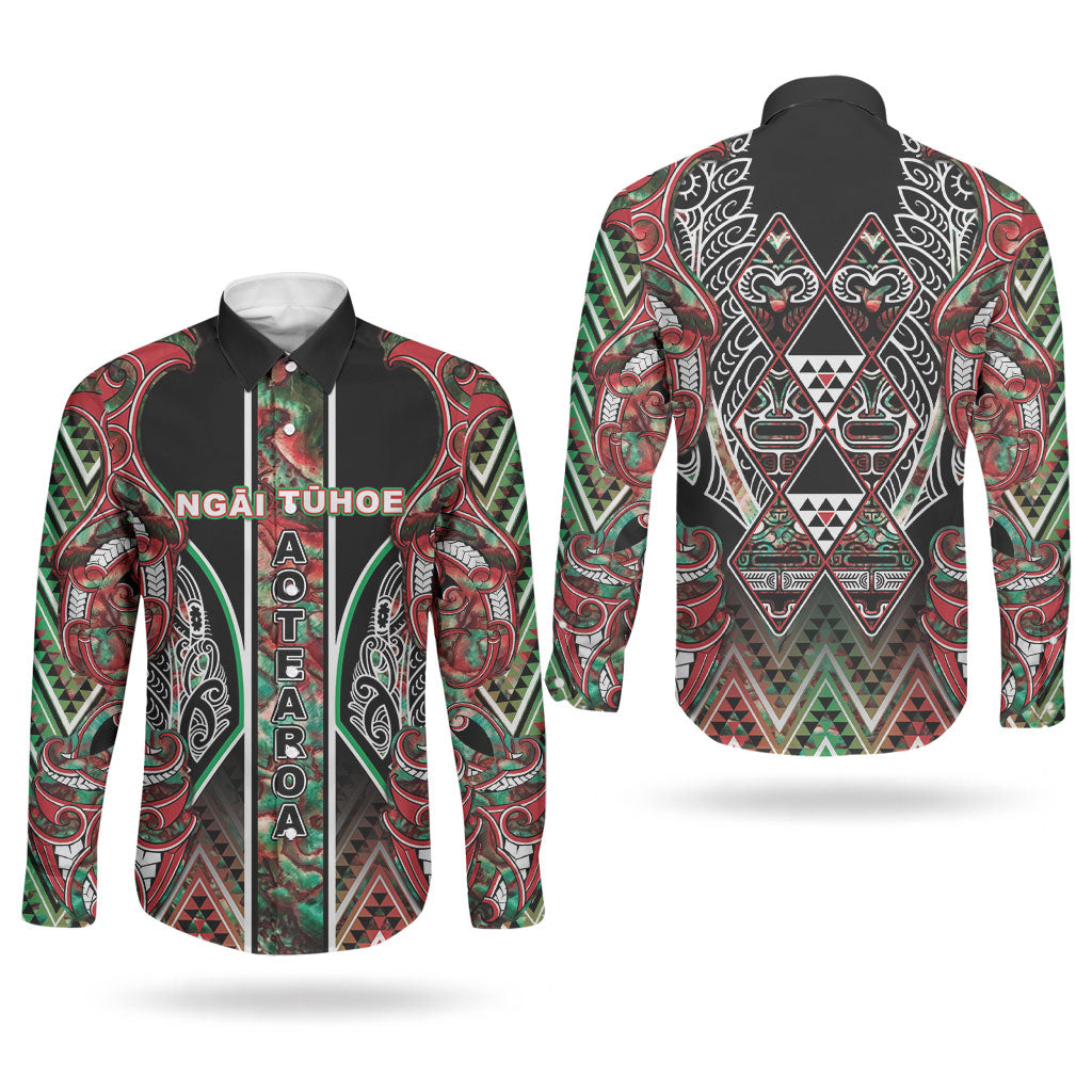 Aotearoa Ngai Tuhoe Couples Matching Tank Maxi Dress and Long Sleeve Button Shirt Maori Tribal Red And Green Paua Shell Pattern DT05 - Polynesian Pride