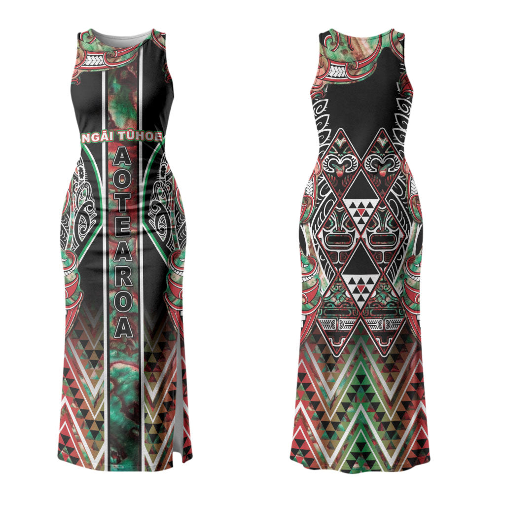 Aotearoa Ngai Tuhoe Couples Matching Tank Maxi Dress and Long Sleeve Button Shirt Maori Tribal Red And Green Paua Shell Pattern DT05 - Polynesian Pride