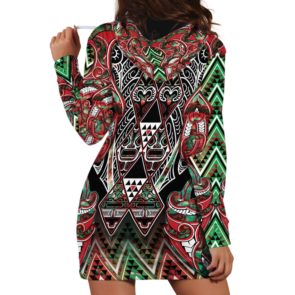 Aotearoa Ngai Tuhoe Hoodie Dress Maori Tribal Red And Green Paua Shell Pattern DT05 - Polynesian Pride