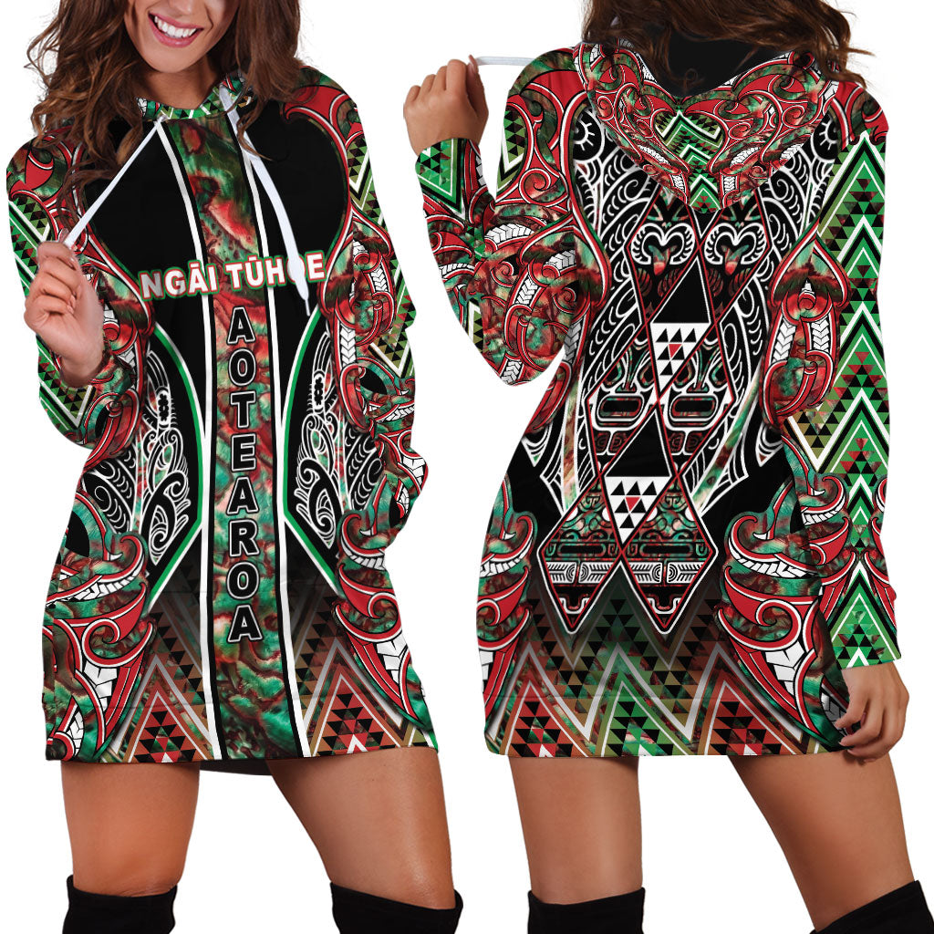 Aotearoa Ngai Tuhoe Hoodie Dress Maori Tribal Red And Green Paua Shell Pattern DT05 - Polynesian Pride