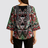 Aotearoa Ngai Tuhoe Kimono Sleeve Blouse Maori Tribal Red And Green Paua Shell Pattern DT05 - Polynesian Pride