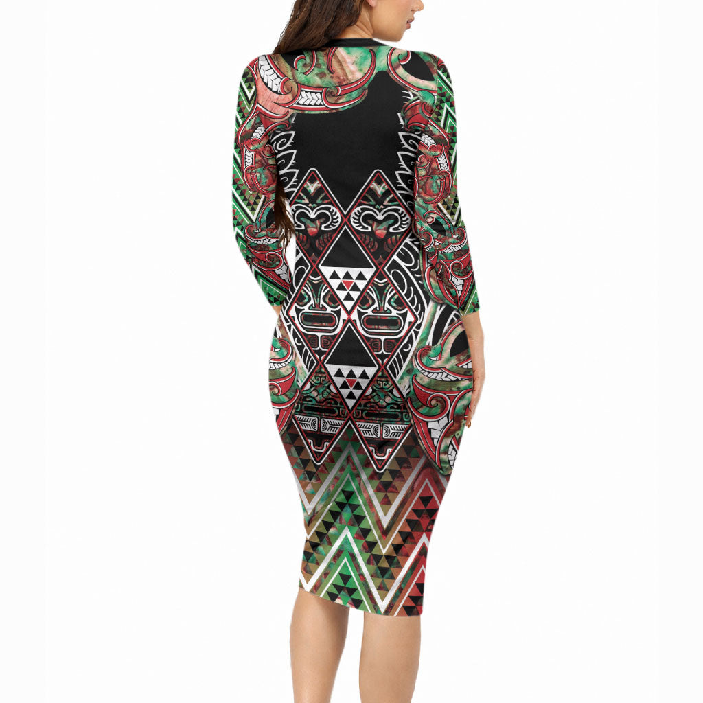Aotearoa Ngai Tuhoe Long Sleeve Bodycon Dress Maori Tribal Red And Green Paua Shell Pattern DT05 - Polynesian Pride