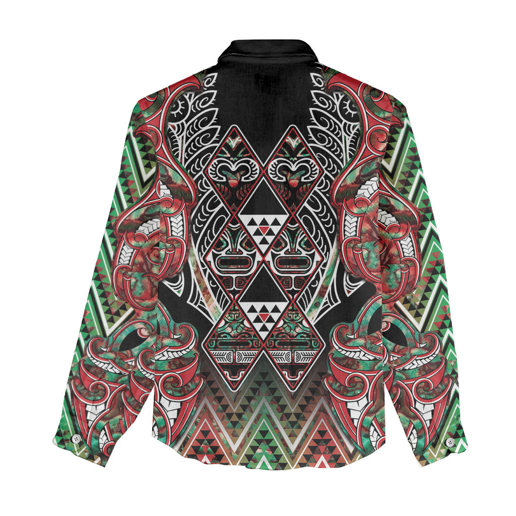 Aotearoa Ngai Tuhoe Women Casual Shirt Maori Tribal Red And Green Paua Shell Pattern DT05 - Polynesian Pride