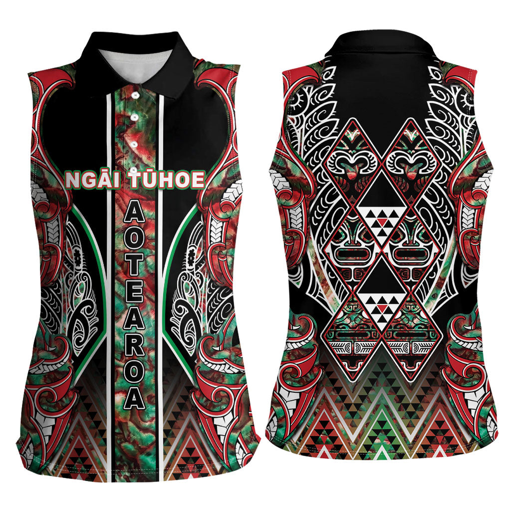 Aotearoa Ngai Tuhoe Women Sleeveless Polo Shirt Maori Tribal Red And Green Paua Shell Pattern DT05 - Polynesian Pride