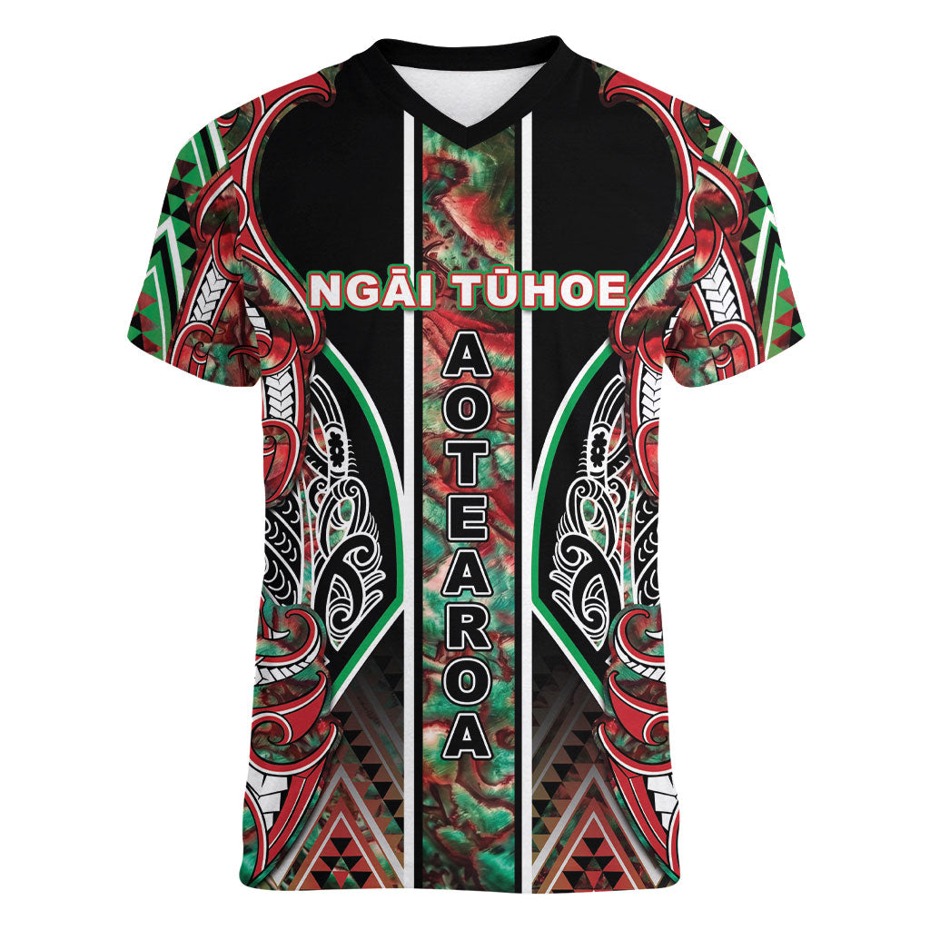 Aotearoa Ngai Tuhoe Women V-Neck T-Shirt Maori Tribal Red And Green Paua Shell Pattern DT05 Female Red - Polynesian Pride