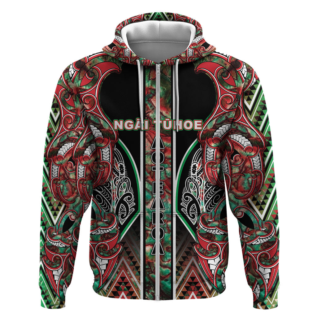Aotearoa Ngai Tuhoe Zip Hoodie Maori Tribal Red And Green Paua Shell Pattern
