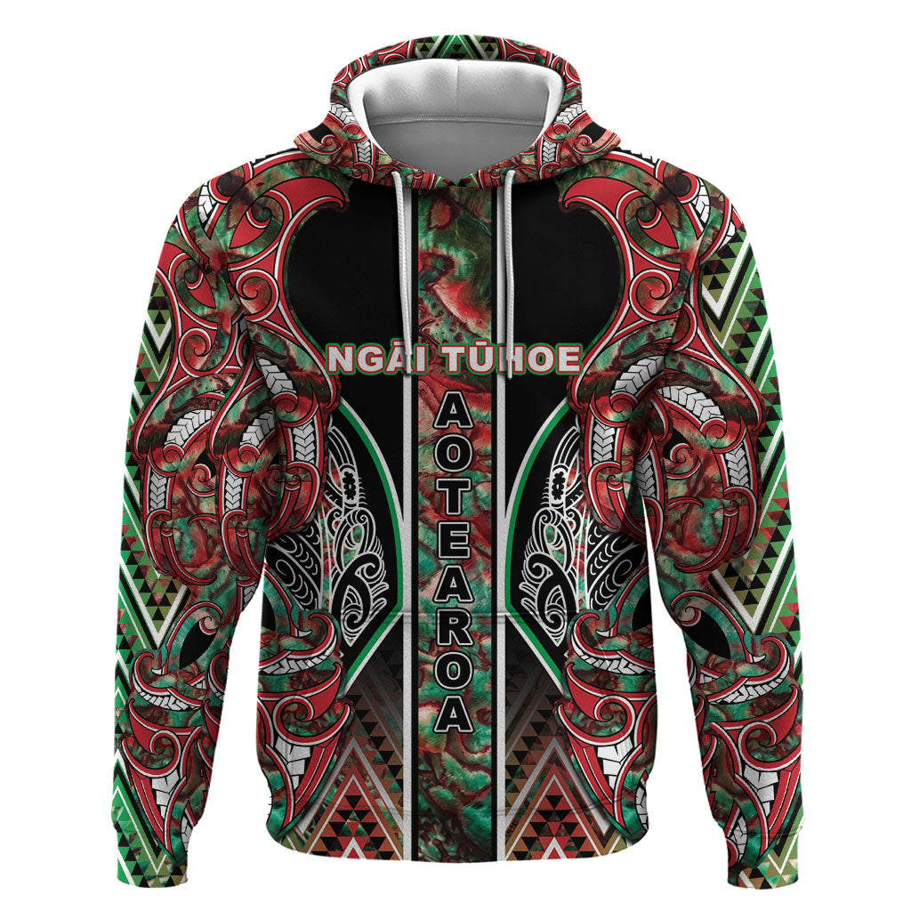 Aotearoa Ngai Tuhoe Zip Hoodie Maori Tribal Red And Green Paua Shell Pattern DT05 Pullover Hoodie Red - Polynesian Pride