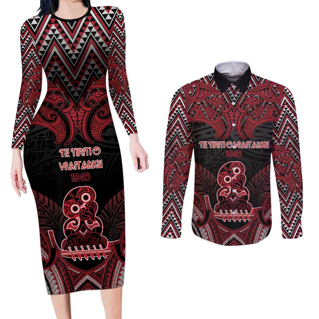 Personalised New Zealand Waitangi Day Couples Matching Long Sleeve Bodycon Dress and Long Sleeve Button Shirt Te Tiriti O Waitangi 1840 DT05 Black - Polynesian Pride