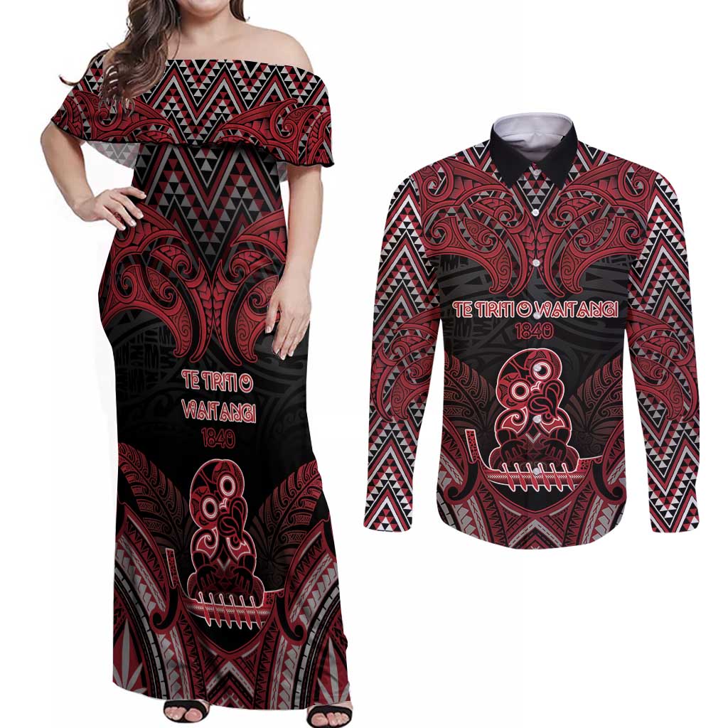 Personalised New Zealand Waitangi Day Couples Matching Off Shoulder Maxi Dress and Long Sleeve Button Shirt Te Tiriti O Waitangi 1840 DT05 Black - Polynesian Pride