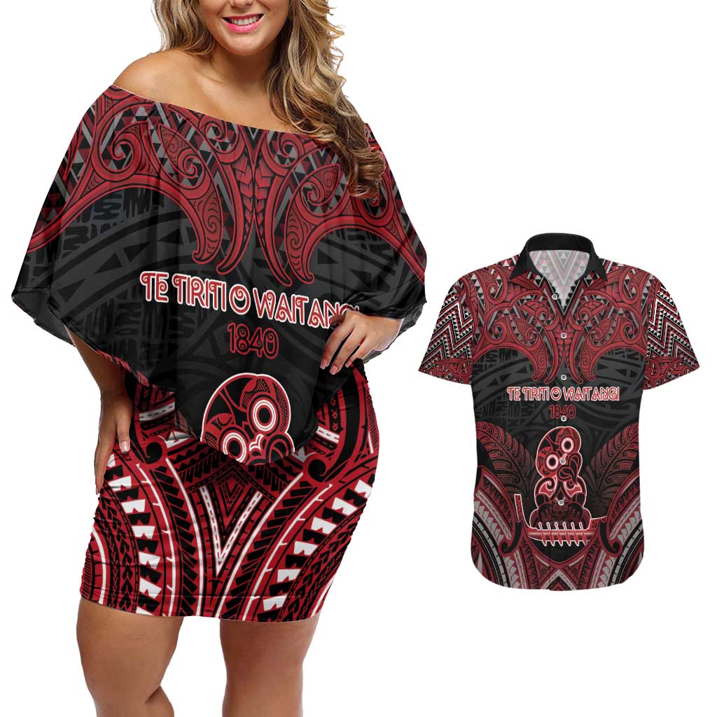 Personalised New Zealand Waitangi Day Couples Matching Off Shoulder Short Dress and Hawaiian Shirt Te Tiriti O Waitangi 1840 DT05 Black - Polynesian Pride