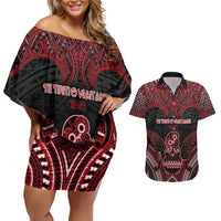 Personalised New Zealand Waitangi Day Couples Matching Off Shoulder Short Dress and Hawaiian Shirt Te Tiriti O Waitangi 1840 DT05 Black - Polynesian Pride