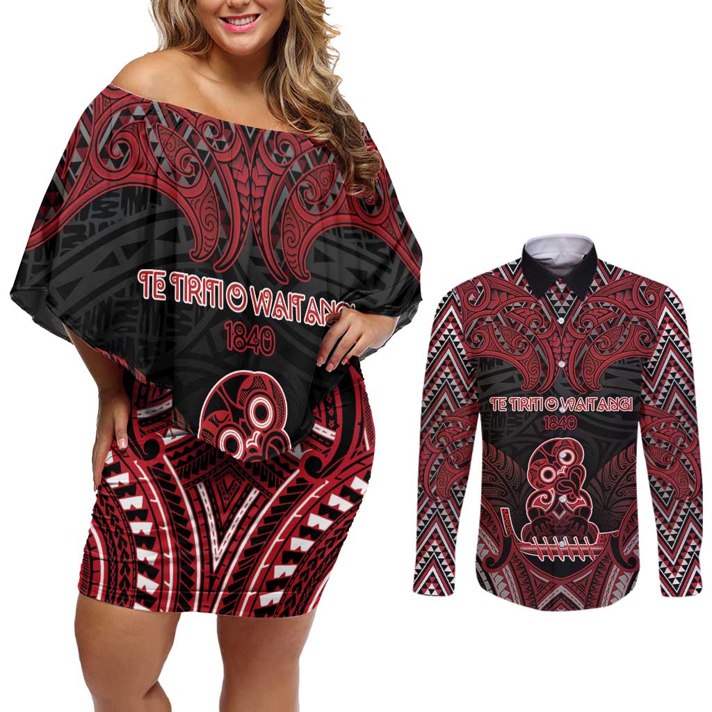 Personalised New Zealand Waitangi Day Couples Matching Off Shoulder Short Dress and Long Sleeve Button Shirt Te Tiriti O Waitangi 1840 DT05 Black - Polynesian Pride