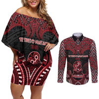 Personalised New Zealand Waitangi Day Couples Matching Off Shoulder Short Dress and Long Sleeve Button Shirt Te Tiriti O Waitangi 1840 DT05 Black - Polynesian Pride