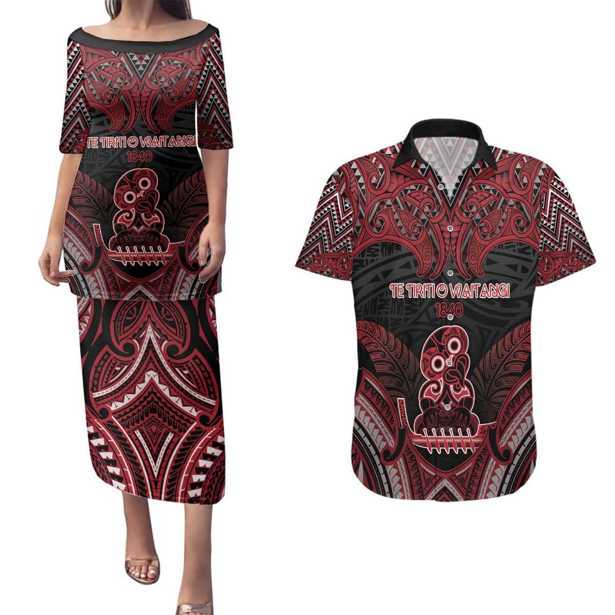 Personalised New Zealand Waitangi Day Couples Matching Puletasi and Hawaiian Shirt Te Tiriti O Waitangi 1840 DT05 Black - Polynesian Pride