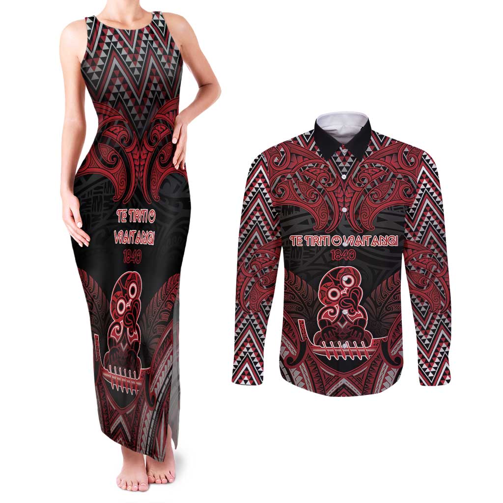 Personalised New Zealand Waitangi Day Couples Matching Tank Maxi Dress and Long Sleeve Button Shirt Te Tiriti O Waitangi 1840 - Polynesian Pride
