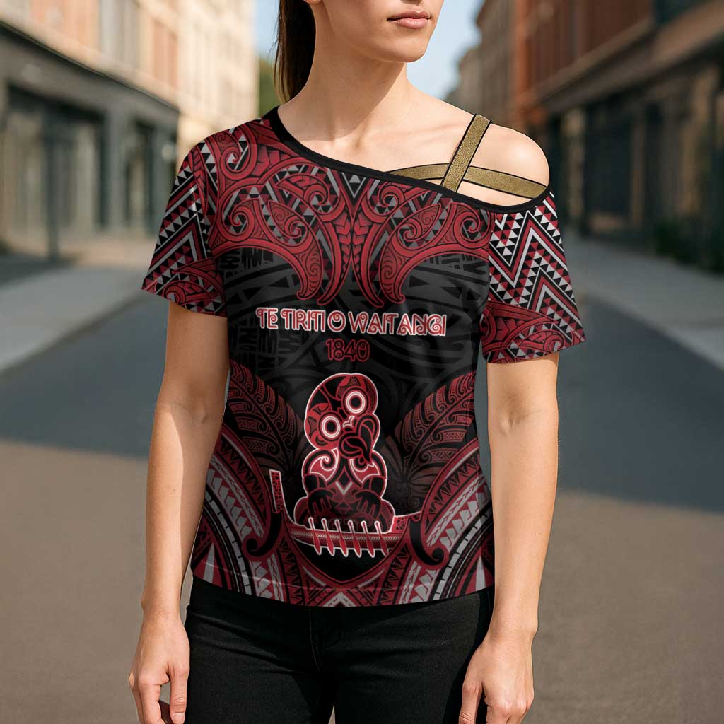 Personalised New Zealand Waitangi Day Cross Shoulder Shirt Te Tiriti O Waitangi 1840 - Polynesian Pride