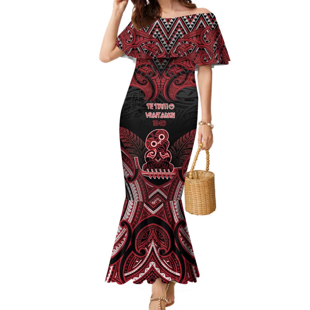 Personalised New Zealand Waitangi Day Family Matching Mermaid Dress and Hawaiian Shirt Te Tiriti O Waitangi 1840 DT05 Mom's Dress Black - Polynesian Pride