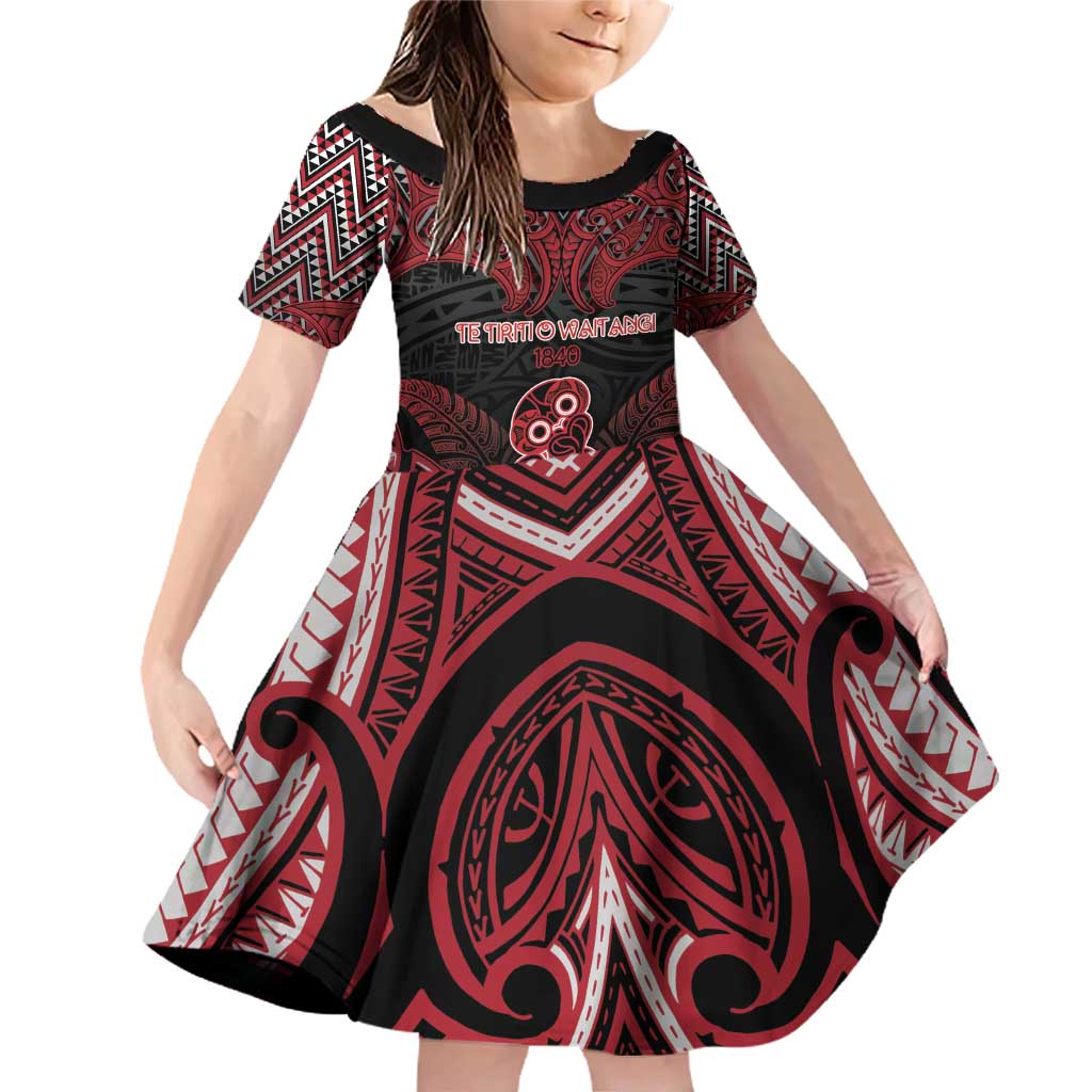 Personalised New Zealand Waitangi Day Family Matching Off Shoulder Short Dress and Hawaiian Shirt Te Tiriti O Waitangi 1840 DT05 Daughter's Dress Black - Polynesian Pride