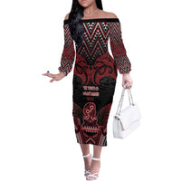 Personalised New Zealand Waitangi Day Off The Shoulder Long Sleeve Dress Te Tiriti O Waitangi 1840 DT05 Women Black - Polynesian Pride
