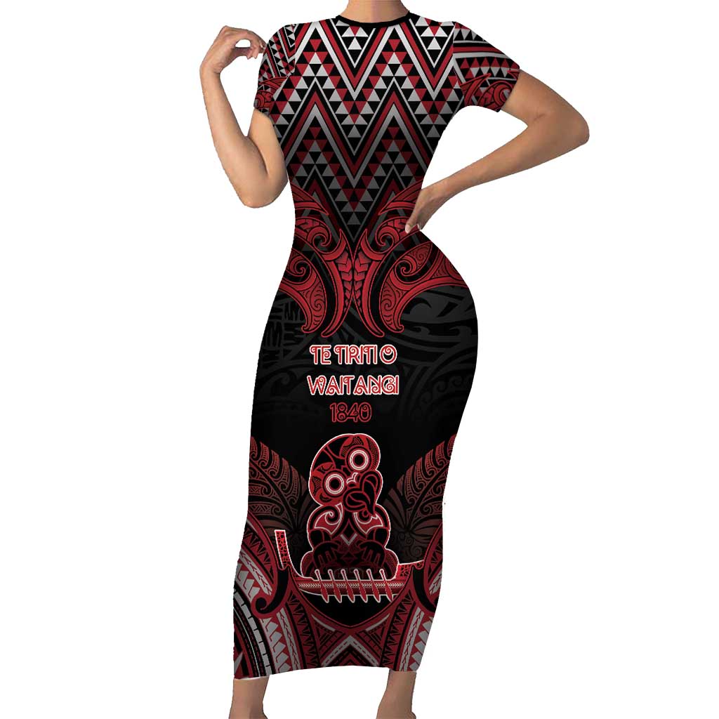 Personalised New Zealand Waitangi Day Short Sleeve Bodycon Dress Te Tiriti O Waitangi 1840 DT05 Long Dress Black - Polynesian Pride
