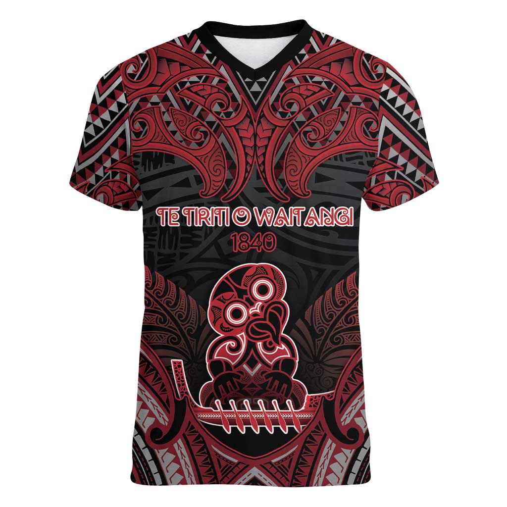 Personalised New Zealand Waitangi Day Women V-Neck T-Shirt Te Tiriti O Waitangi 1840 DT05 Female Black - Polynesian Pride